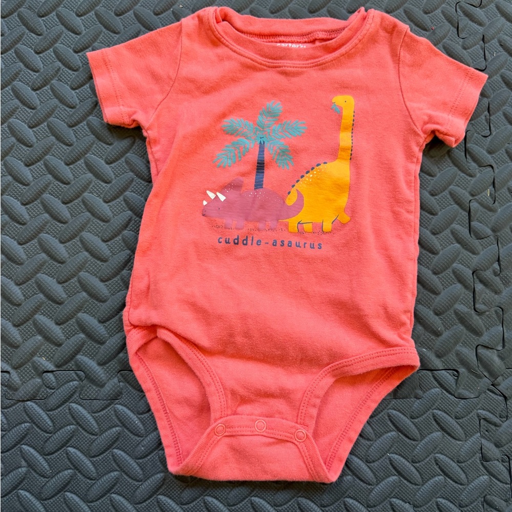 Carter's Coral & Yellow Dino Graphic One-Piece Bodysuit